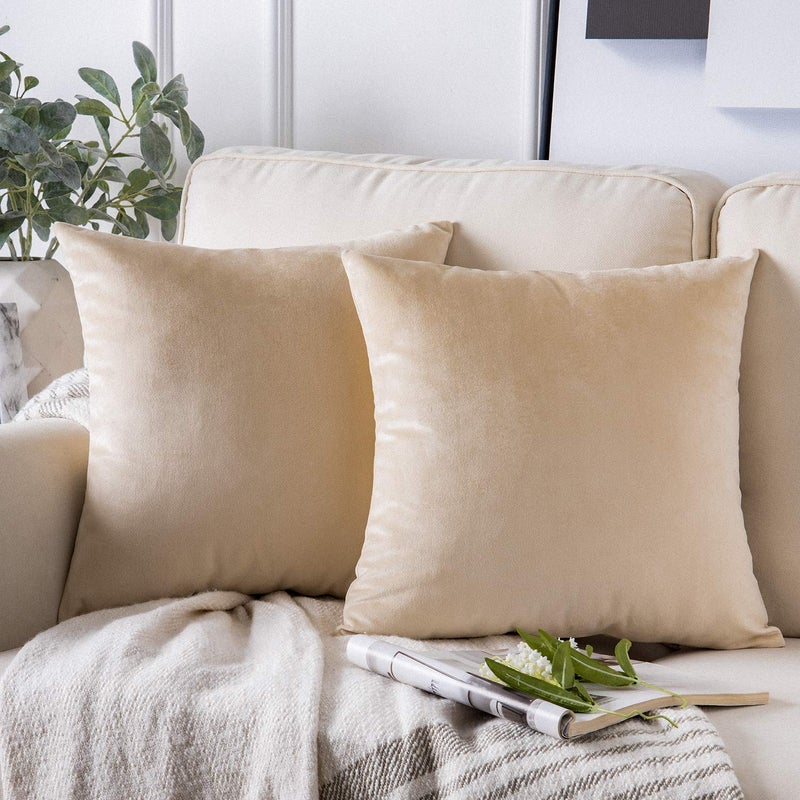 Phantoscope Pack of 2 Velvet Decorative Throw Pillow Covers Soft Solid Square Cushion Case for Couch Beige 22 x 22 inches 55 x 55 cm - Image 1