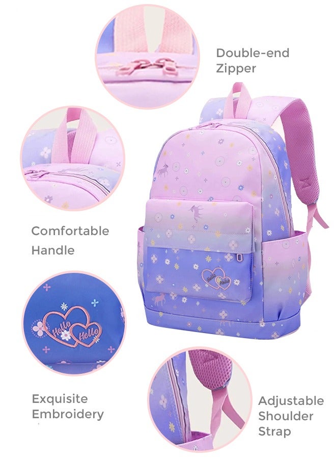 roaiss 3 PCS Children's Backpack Sets Printed Graphic Cute Student Backpack Set Functional Large Capacity School Bag Set for Kids Girls(Schoolbag+Shoulder Bag+Pencil Case)Purple Pink Fade Color Waterproof Bag - Image 5