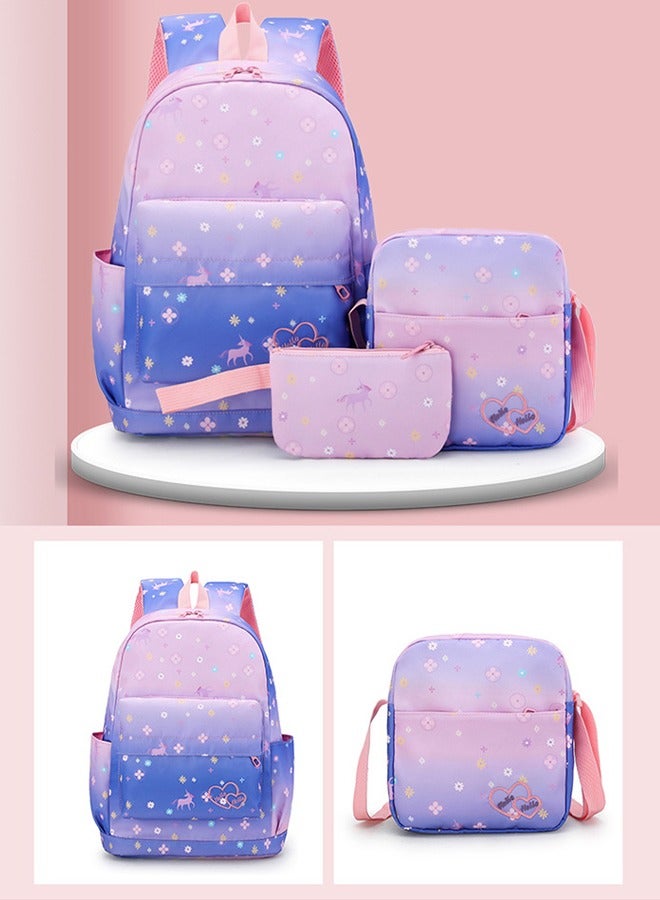 roaiss 3 PCS Children's Backpack Sets Printed Graphic Cute Student Backpack Set Functional Large Capacity School Bag Set for Kids Girls(Schoolbag+Shoulder Bag+Pencil Case)Purple Pink Fade Color Waterproof Bag - Image 2