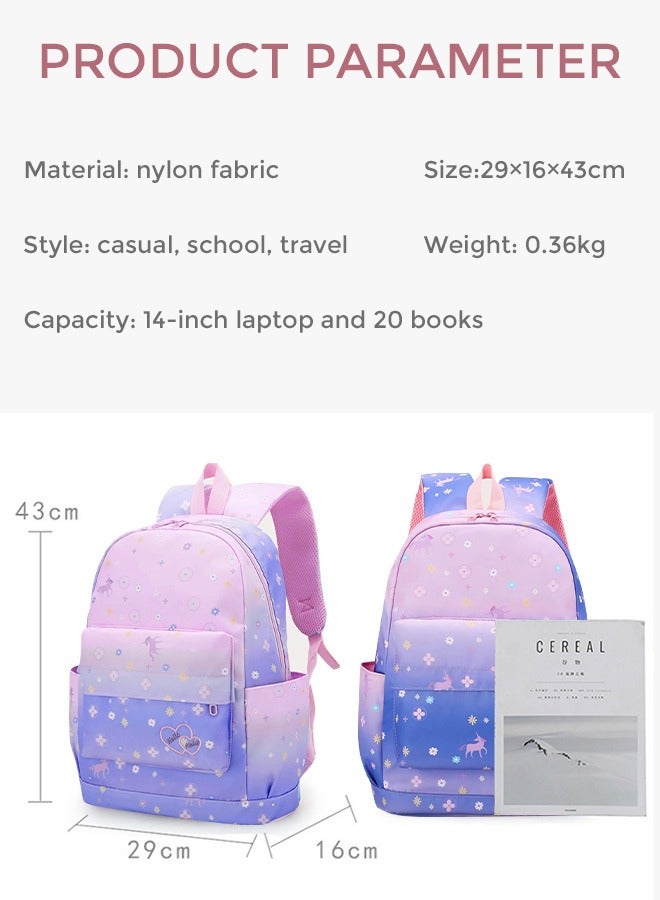 roaiss 3 PCS Children's Backpack Sets Printed Graphic Cute Student Backpack Set Functional Large Capacity School Bag Set for Kids Girls(Schoolbag+Shoulder Bag+Pencil Case)Purple Pink Fade Color Waterproof Bag - Image 3