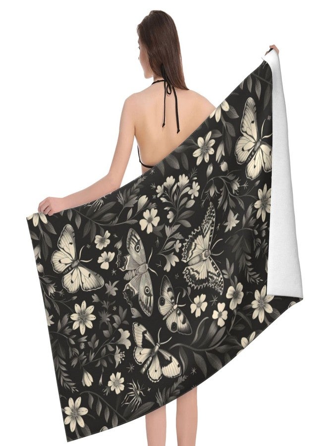 VODRM Retro Moth Beach Towel, 32x52in Microfiber Quick Dry Monochromatic Butterfly Floral Black Vintage Bath Towels, Soft Lightweight Oversized Sand Free, for Travel Pool Swimming Gym Decor, Gifts - Image 3