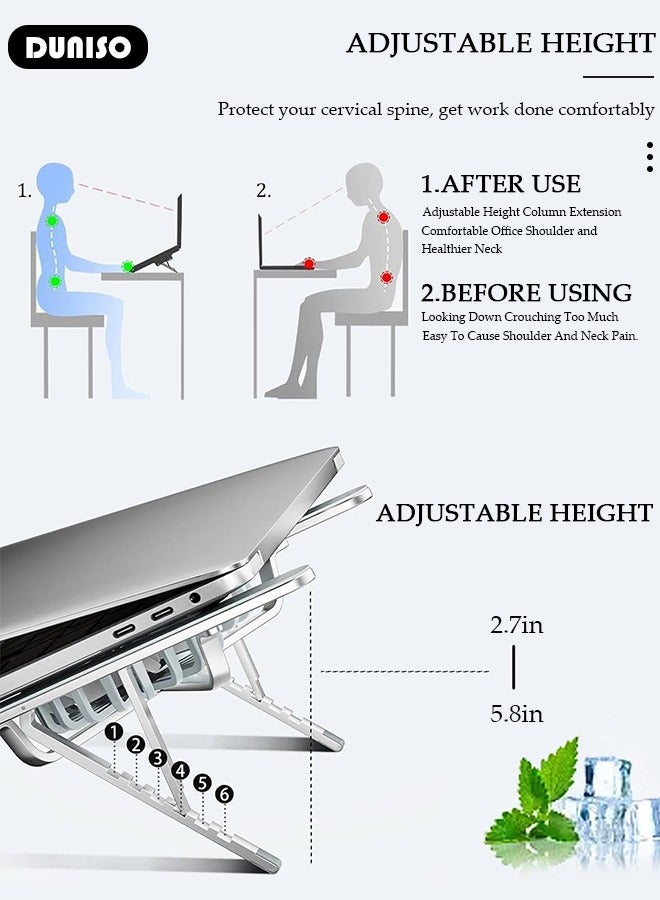 DUNISO Laptop Stand with Fan, Portable Collapsible Laptop Cooling Pad, Adjustable Notebook Stand with Fan Light, Ergonomic Foldable Laptop Holder Riser, Aluminum Laptop Base for Working, Gaming  - Image 2