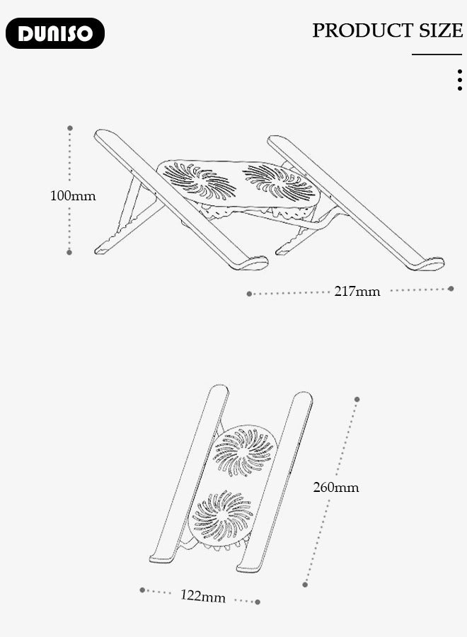 DUNISO Laptop Stand with Fan, Portable Collapsible Laptop Cooling Pad, Adjustable Notebook Stand with Fan Light, Ergonomic Foldable Laptop Holder Riser, Aluminum Laptop Base for Working, Gaming  - Image 4