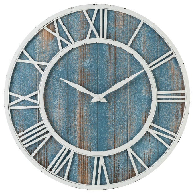 24 COASTAL WALL CLOCK METAL SOLID WOOD NOISELESS WEATHERED BEACH BLUE WALL CLOCK COASTAL BLUE 24INCH