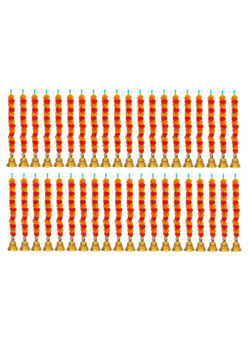 iHandikart iHandikart Marigold Garland Artificial Fluffy Flower with Bell in The Bottom Used for Diwali DecorationDiwali GiftsColour Light Dark Orange Pack of 40 31561 