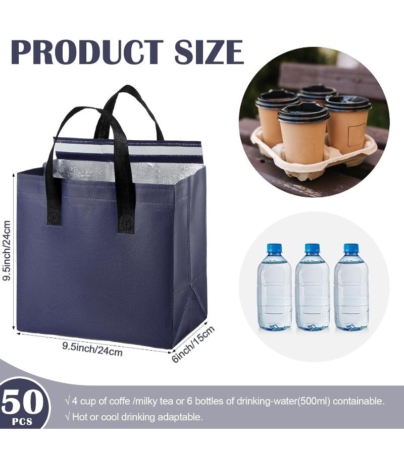 Bulk Thermal Insulated Takeaway Bags 50 Pieces Navy Blue for Food Coffee Pizza Delivery - Image 2