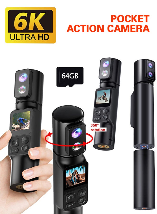 أوسيك كاميرا أكشن محمولة باليد بدقة 6K، مع بطاقة TF سعة 64 جيجابايت، وتكبير EIS 5X، وعدسة مزدوجة قابلة للدوران بزاوية 350 درجة، وشاشة لمس 1.3 بوصة، وكاميرا ويب بدقة 50 ميجابكسل، ومسجل فيديو رقمي، وكاميرا رياضية، وبطارية 2600 مللي أمبير/ساعة + 2600 مللي أمبير/ساعة - Image 1