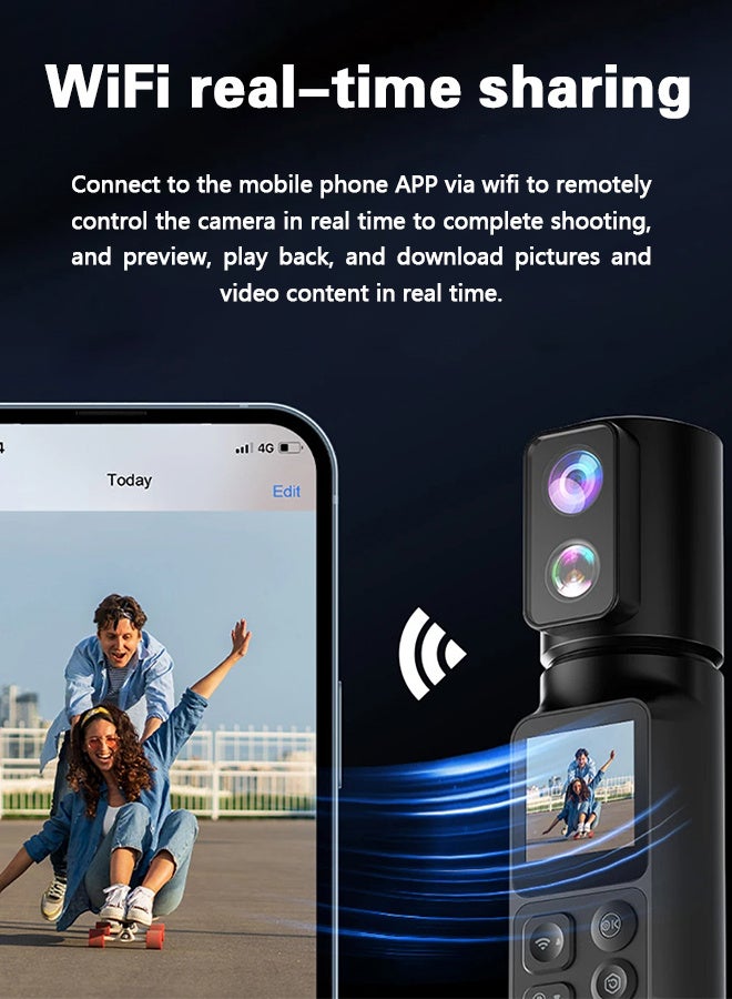 أوسيك كاميرا أكشن محمولة باليد بدقة 6K، مع بطاقة TF سعة 64 جيجابايت، وتكبير EIS 5X، وعدسة مزدوجة قابلة للدوران بزاوية 350 درجة، وشاشة لمس 1.3 بوصة، وكاميرا ويب بدقة 50 ميجابكسل، ومسجل فيديو رقمي، وكاميرا رياضية، وبطارية 2600 مللي أمبير/ساعة + 2600 مللي أمبير/ساعة - Image 3