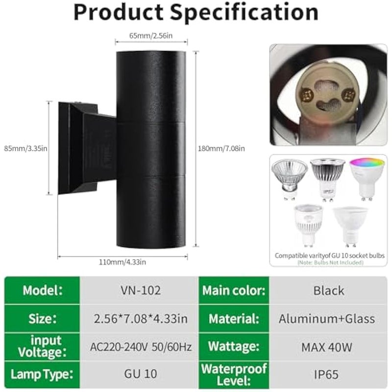 V.nice Outdoor Wall Light GU10 Up Down Light – IP65 Waterproof Exterior Sconce Lamp, 2 Sizes & 2 Colors, Aluminum Modern Wall Lamp for Porch, Patio, Doorway, Garden - Image 2