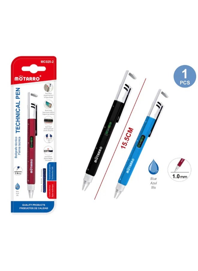 MOTARRO Multi-Function Technical Pen, 1.0mm Blue Ink Ballpoint Pen with Spirit Level, Ruler, Phone Stand, Screwdriver & Easy Hitch - Professional Tool for Architects, Engineers & DIY Enthusiasts (MC025-2)
