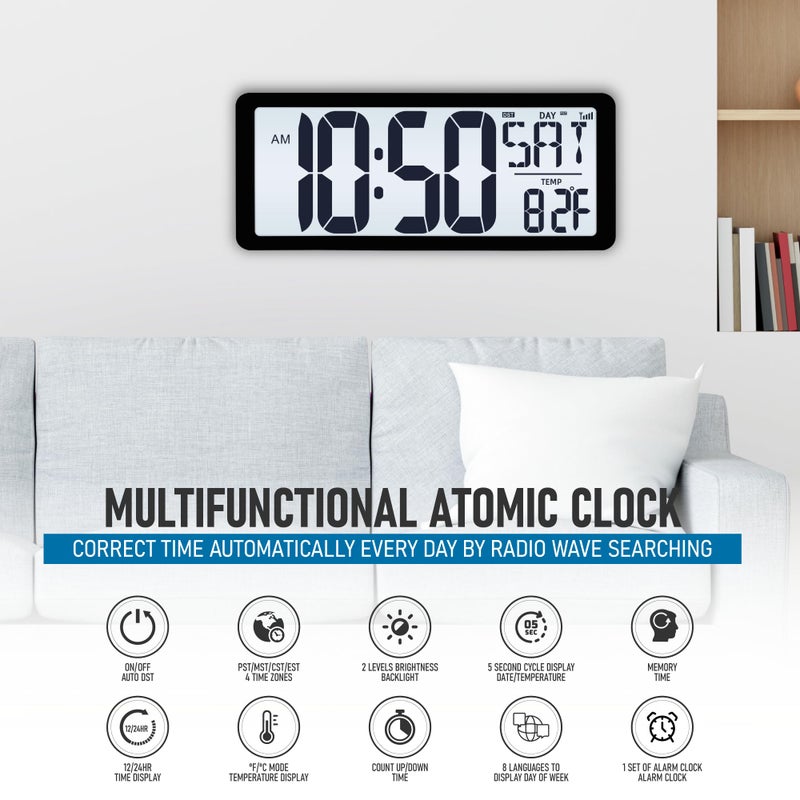 TXL Atomic Clock with Backlight, 14.2" Large Digital Wall Clock Battery Operated, Digital Clock Large Display with Day, Date & Temperature, Large Wall Clock for Bedroom, Livingroom, Office - Image 2