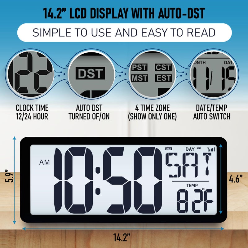 TXL Atomic Clock with Backlight, 14.2" Large Digital Wall Clock Battery Operated, Digital Clock Large Display with Day, Date & Temperature, Large Wall Clock for Bedroom, Livingroom, Office - Image 4