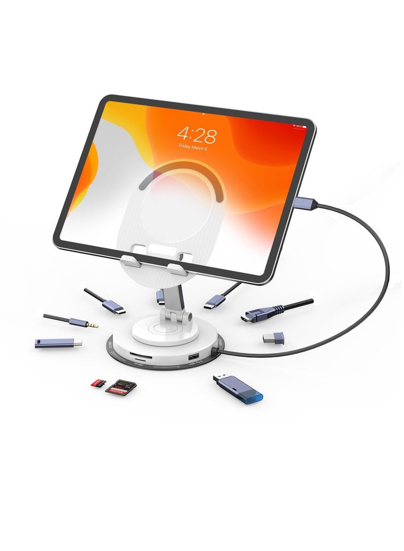 محطة إرساء عالمية لجهاز iPad Pro Mini Air Galaxy Tab، محور USB C قابل للتعديل 10 في 1 لجهاز iPad، حامل iPad قابل للدوران 360°، 11 بوصة 4K HDMI USB 3.0 PD 100W قارئ بطاقة 3.5 مم SD/TF أبيض - Image 1