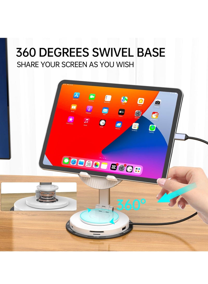 محطة إرساء عالمية لجهاز iPad Pro Mini Air Galaxy Tab، محور USB C قابل للتعديل 10 في 1 لجهاز iPad، حامل iPad قابل للدوران 360°، 11 بوصة 4K HDMI USB 3.0 PD 100W قارئ بطاقة 3.5 مم SD/TF أبيض - Image 4