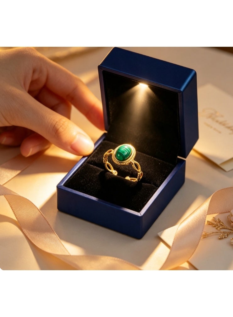 LATEEN 18K Gold Plated Stainless Steel Malachite Open Ring with Luxury LED Light Gift Box, High-End Vintage Hollow Statement Jewelry for Men & Women - Image 1