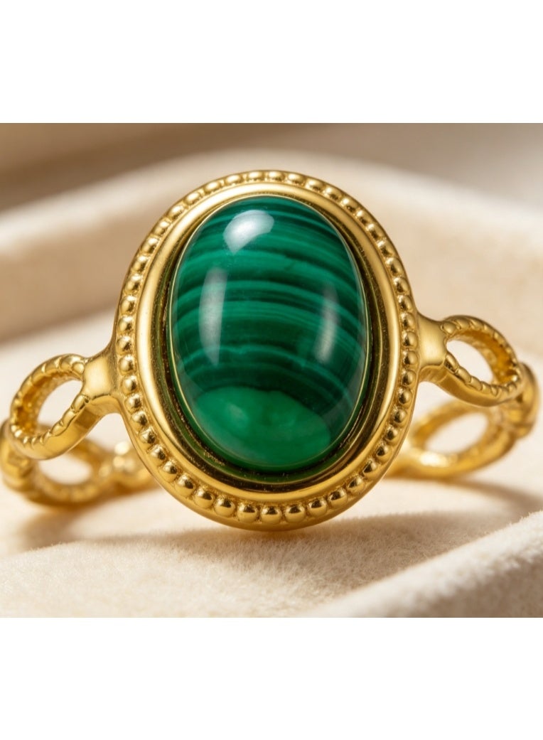 LATEEN 18K Gold Plated Stainless Steel Malachite Open Ring with Luxury LED Light Gift Box, High-End Vintage Hollow Statement Jewelry for Men & Women - Image 3