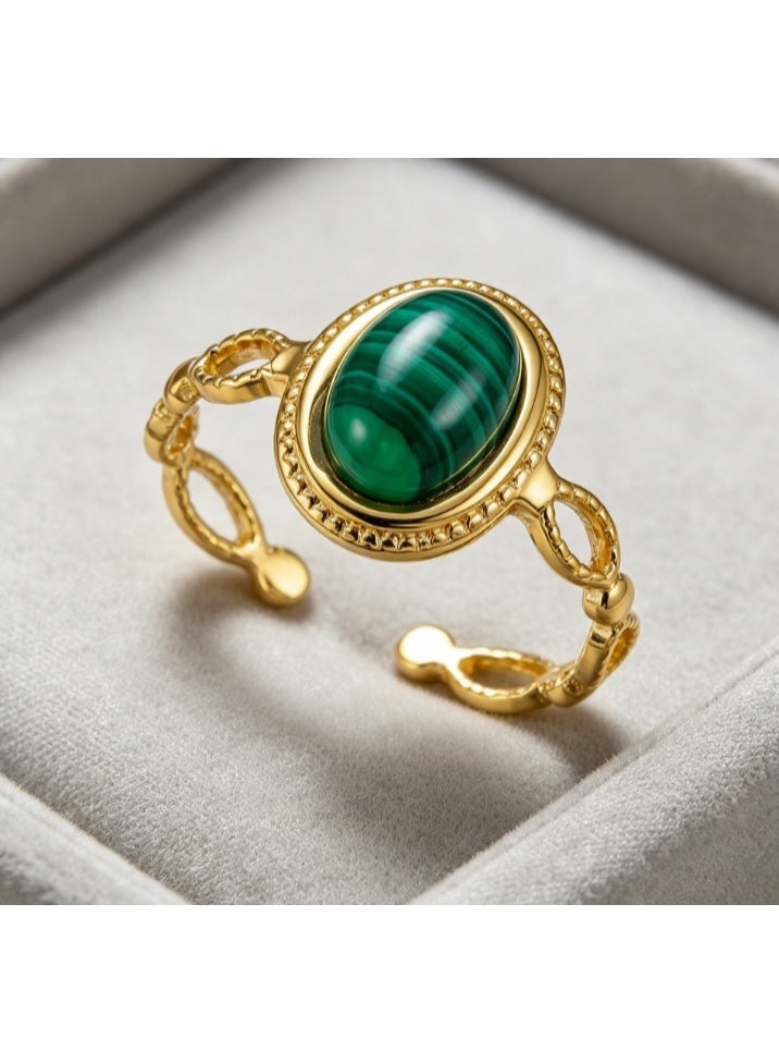 LATEEN 18K Gold Plated Stainless Steel Malachite Open Ring with Luxury LED Light Gift Box, High-End Vintage Hollow Statement Jewelry for Men & Women - Image 4