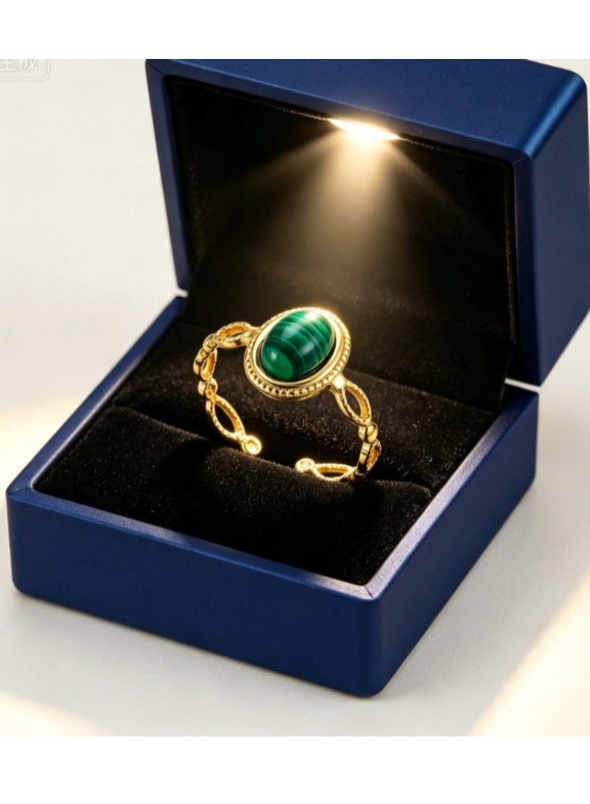 LATEEN 18K Gold Plated Stainless Steel Malachite Open Ring with Luxury LED Light Gift Box, High-End Vintage Hollow Statement Jewelry for Men & Women - Image 2