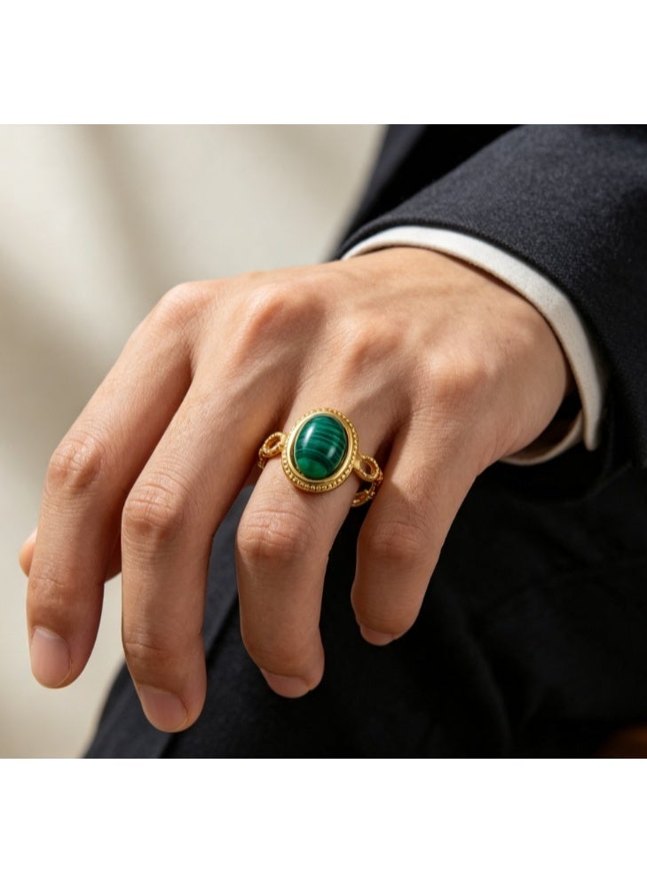 LATEEN 18K Gold Plated Stainless Steel Malachite Open Ring with Luxury LED Light Gift Box, High-End Vintage Hollow Statement Jewelry for Men & Women - Image 5