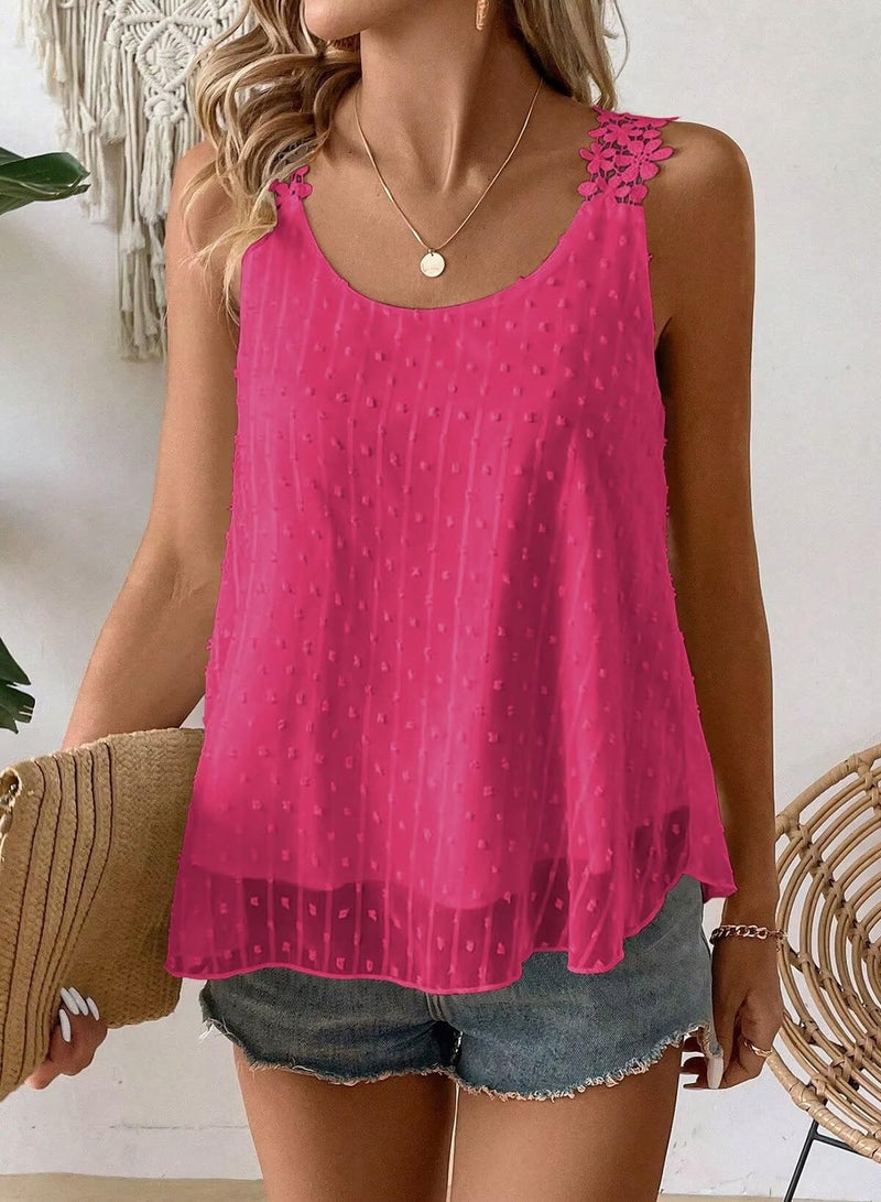 Falechay Spaghetti Strap Tank Top Sleeveless Hot Pink Swiss Dot Blouse for Women Flowy Lace Bohemian Peplum Womens Shirts Vacation Boat Neck Fall Business Womens Blouses Loose L - Image 2