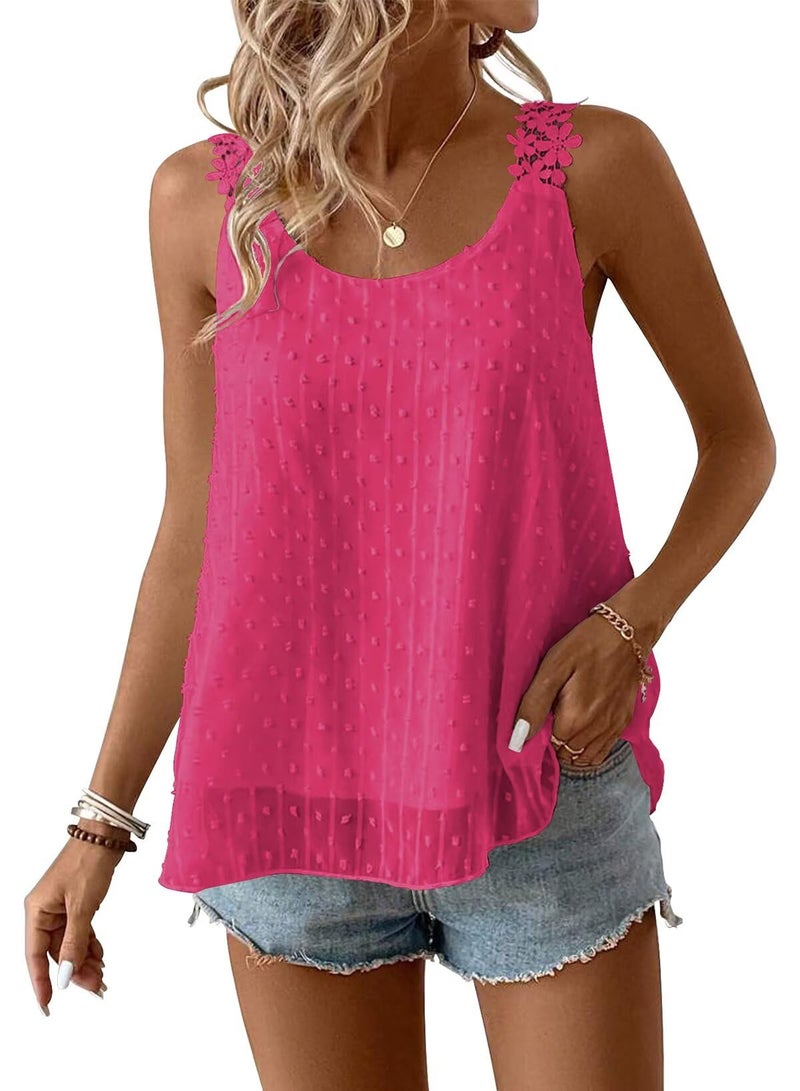 Falechay Spaghetti Strap Tank Top Sleeveless Hot Pink Swiss Dot Blouse for Women Flowy Lace Bohemian Peplum Womens Shirts Vacation Boat Neck Fall Business Womens Blouses Loose L - Image 1