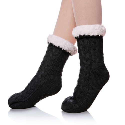 SDBING Women's Winter Super Soft Warm Cozy Fleece Lined Fuzzy Slipper Socks with Grippers (Black, 6-10) - Image 1