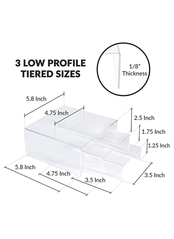 SMARTPOINTS - Acrylic Display Risers Clear Stand Set of 3 Medium Low Profile Tiered for Showcasing Food, Cupcake, Dessert, Candy, Jewelry, Figurines, Photos, Retail & Home Decoration, Durable & Steady - Image 1