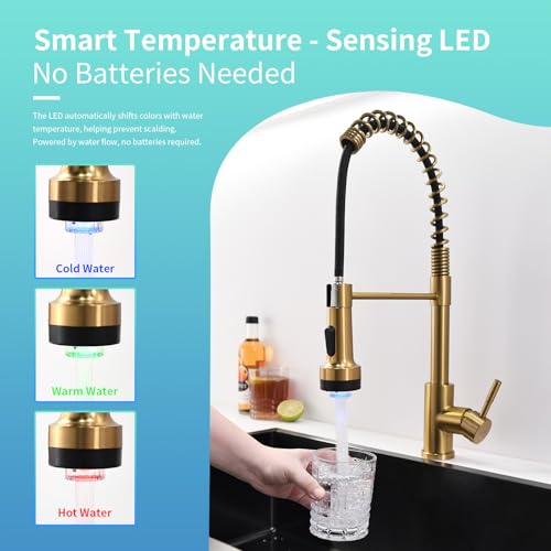 GIMILI Gold Kitchen Faucet with Pull Down Sprayer Single Hole Stainless Steel LED Faucet, Suitable for Farmhouses, RV, Laundry Room, Outdoor, and Campers. Llave para fregadero de cocina - Image 3