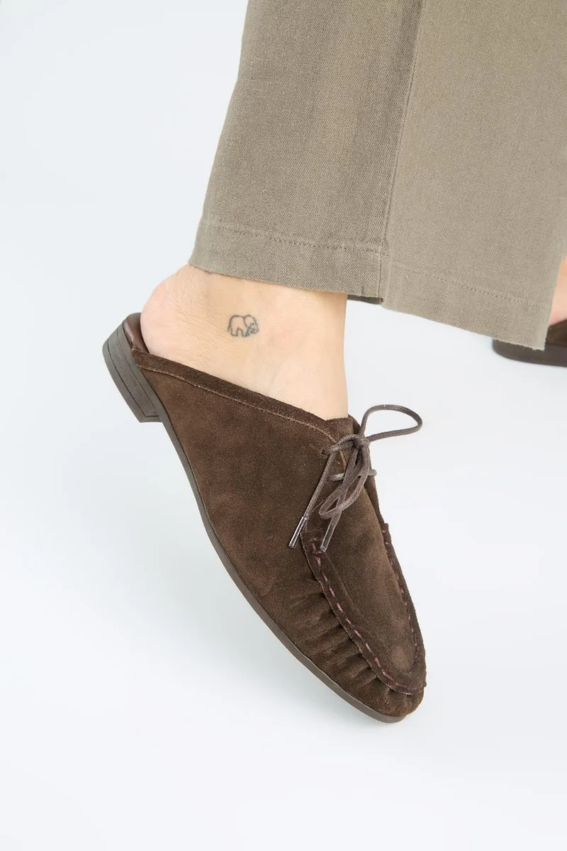 Manijero Manijero Mitzi Women's Genuine Leather Pleated Lace-up Coffee Slippers