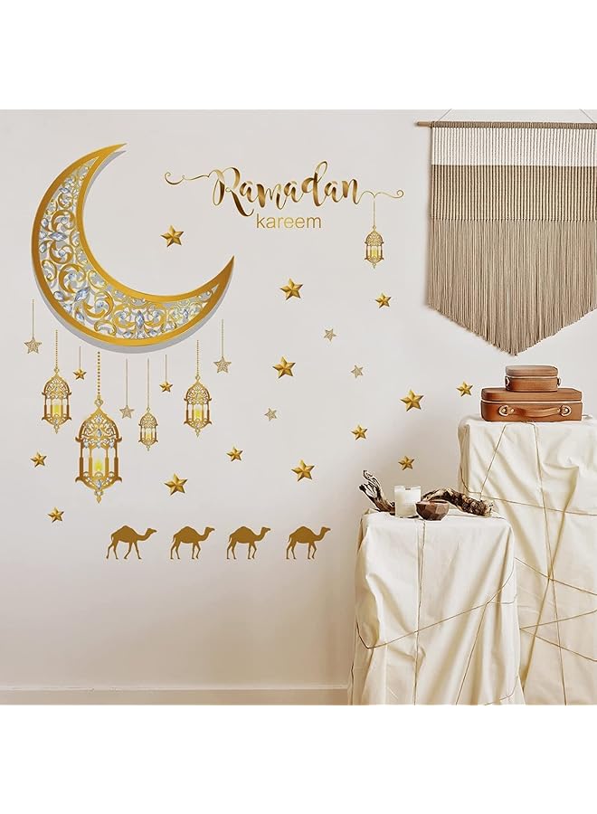 erorex Ramadan Wall Stickers Ramadan Kareem Islamic Muslim Wall Decor Stickers Eid Mubarak Lantern Camel And Moon Star Decorations For Living Room Bedroom Windows Gold A - Image 5