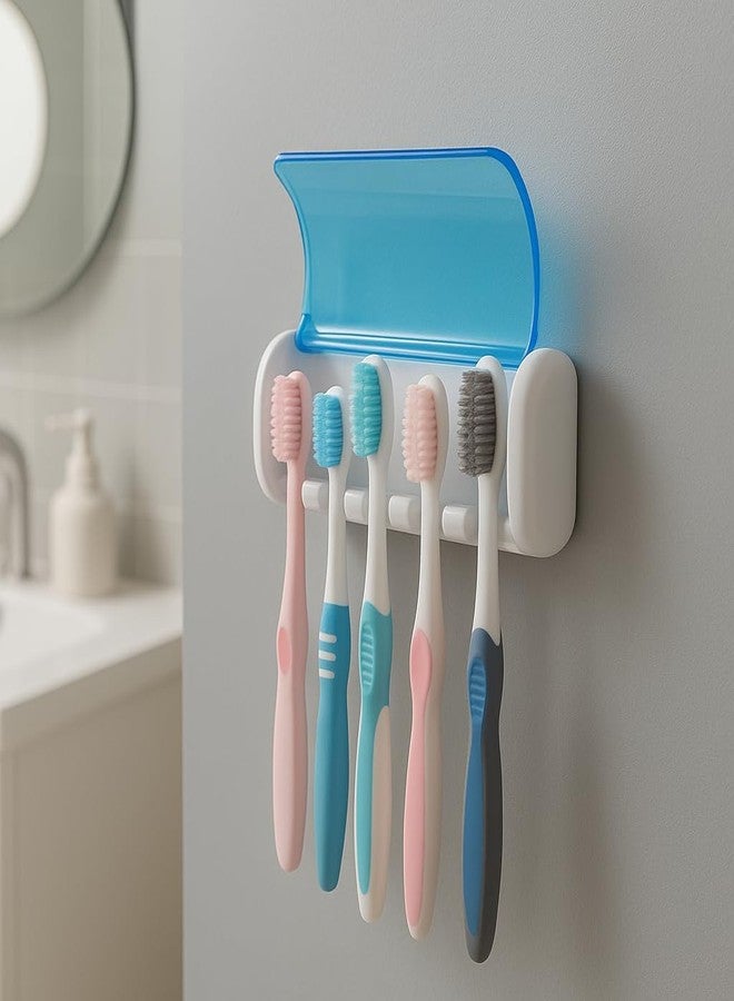 SpiderJuice 1Pc Self-Adhesive Plastic 5-Slot Wall Mounted Toothbrush Holder with Antibacterial Cover Toothbrush Organizer with Dust-Proof Cover for Bathroom Home - Image 1