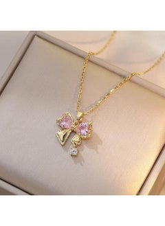 Women's Korean Style Butterfly Full Diamond Pink Zircon Niche Design Simple Necklace Bow Titanium Steel Necklace