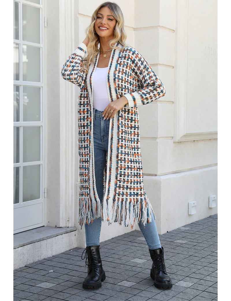 Perbai Womens Boho Cardigan Sweater Open Front Fringed Tassels Aztec Maxi Cardigan Jacket(Orange-L) - Image 5