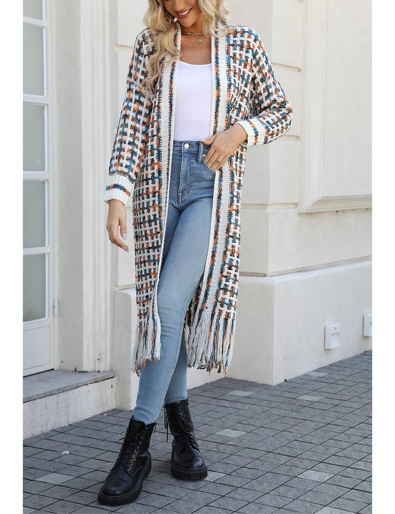 Perbai Womens Boho Cardigan Sweater Open Front Fringed Tassels Aztec Maxi Cardigan Jacket(Orange-L) - Image 4