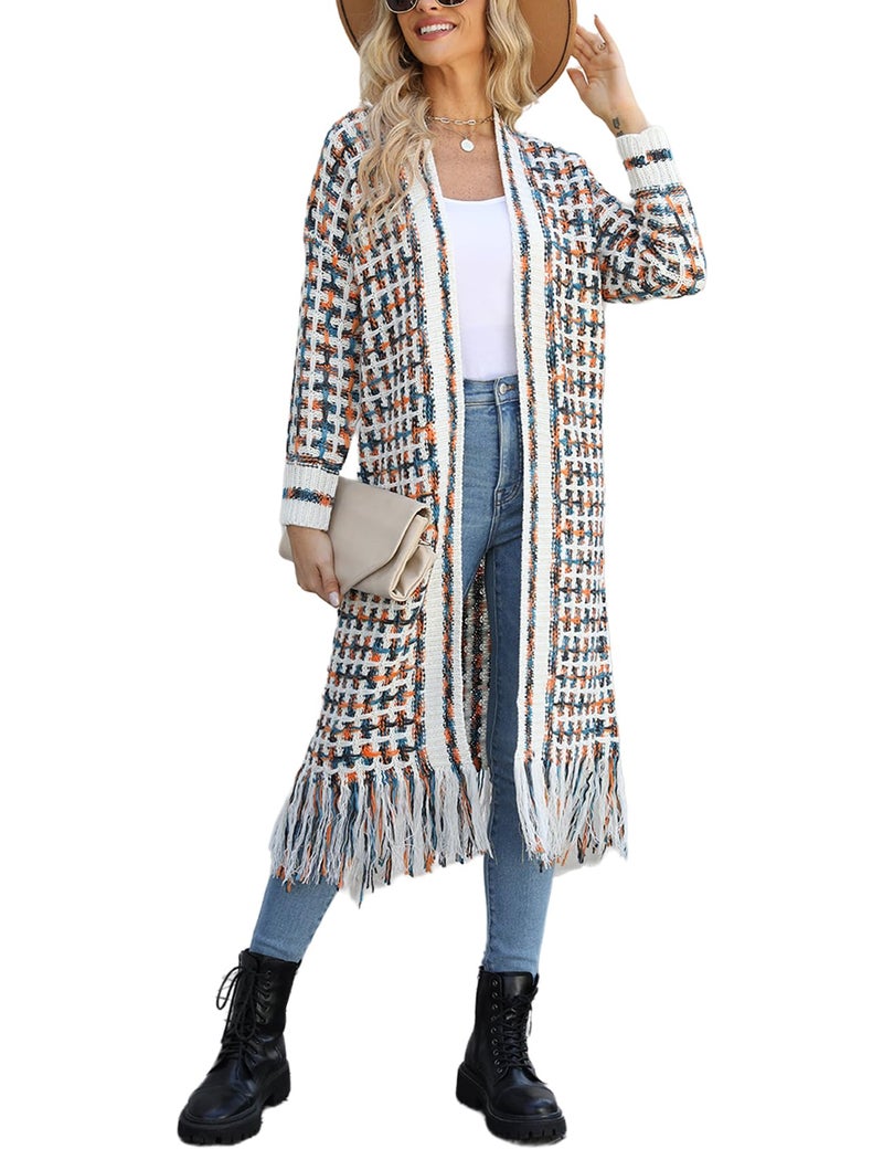 Perbai Womens Boho Cardigan Sweater Open Front Fringed Tassels Aztec Maxi Cardigan Jacket(Orange-L) - Image 1