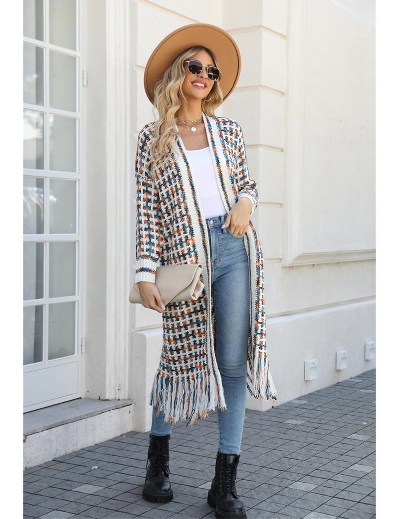 Perbai Womens Boho Cardigan Sweater Open Front Fringed Tassels Aztec Maxi Cardigan Jacket(Orange-L) - Image 3
