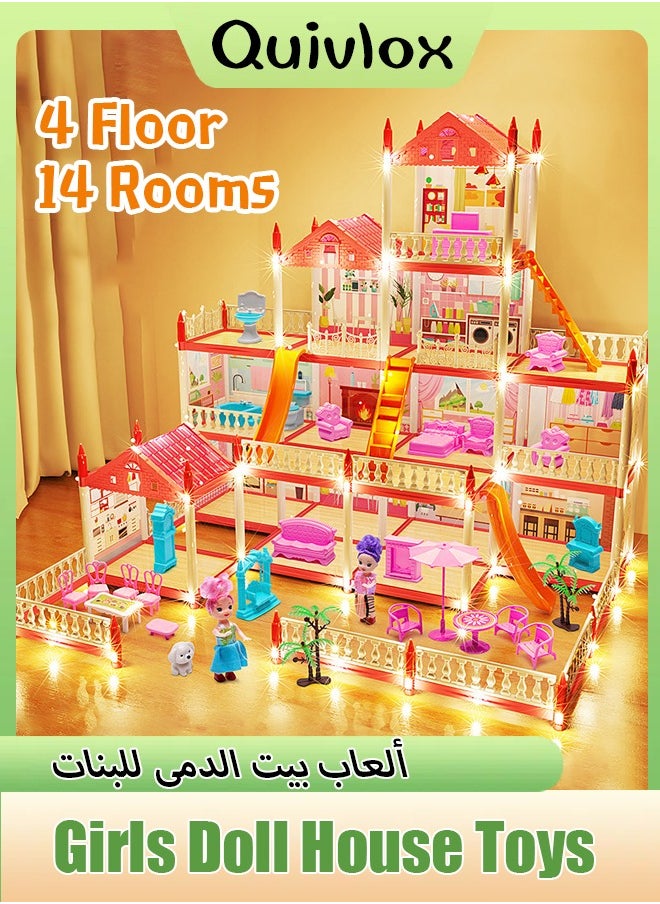 Quivlox - Dollhouse,Doll House Toys,Toddler Playhouse DIY Building Pretend Toys,Doll House Building Toys with Decorating Dollhouse Accessories And Furniture,Pretend Play House with 4 Story 14 Rooms Playhouse and 2 Dolls,Toddler Playhouse Gift for for 3 4 5 6 7 8 9 10 Year Old Girls Toys - Image 1