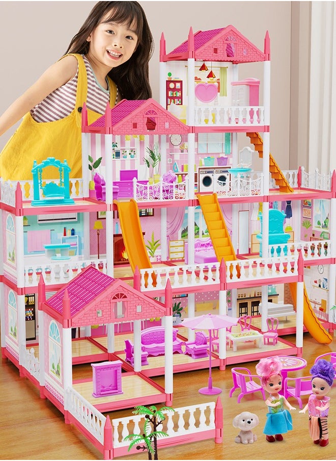 Quivlox - Dollhouse,Doll House Toys,Toddler Playhouse DIY Building Pretend Toys,Doll House Building Toys with Decorating Dollhouse Accessories And Furniture,Pretend Play House with 4 Story 14 Rooms Playhouse and 2 Dolls,Toddler Playhouse Gift for for 3 4 5 6 7 8 9 10 Year Old Girls Toys - Image 1