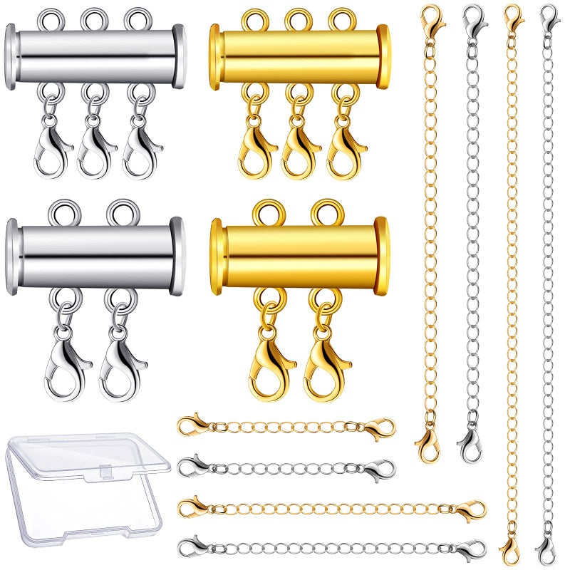Junkin 12 Pieces Necklace Layering Clasp Multiple Necklace Connector Slide Clasp and Closures Multi Strand Slide Tube Separator Lock Connector for Women with Bracelet Chain Extender Box Gold Silver