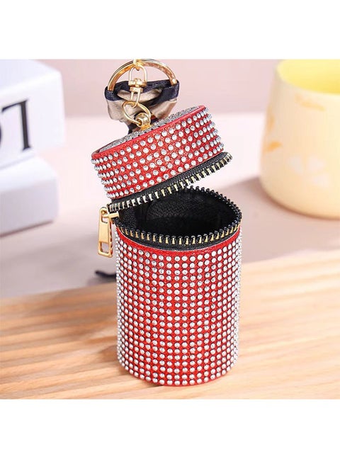 Mini Bucket Bag Keychain Wallet with Bright Diamond Design, Red Color (Silk Scarf Included, Random Pattern)