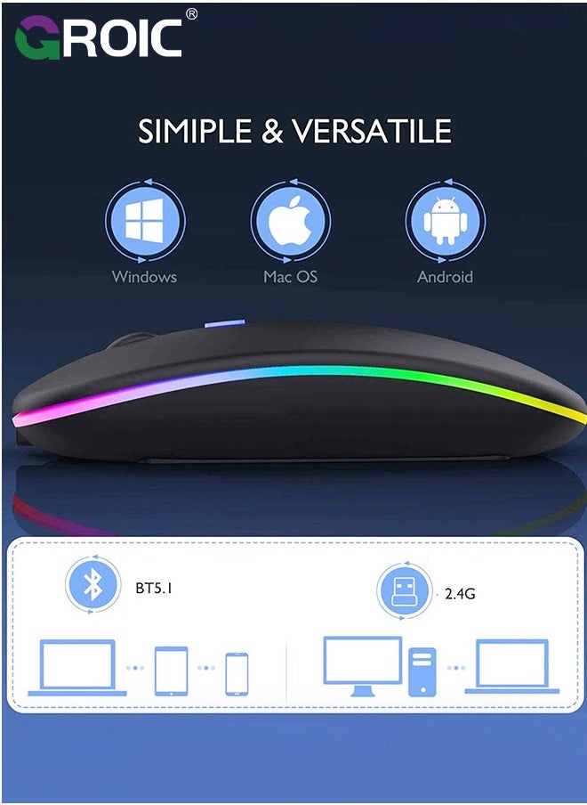 GROIC ماوس بلوتوث لاسلكي أسود، ماوس كمبيوتر محمول قابل لإعادة الشحن بإضاءة LED. فأرة كمبيوتر مكتب محمولة للاستخدام (BT5.2 وUSB 2.4G) اتصال مزدوج الوضع، صامت، نحيف، لأجهزة الكمبيوتر المحمولة من Apple / iPad / Tablet / Mac / PC / الهاتف.  - Image 4