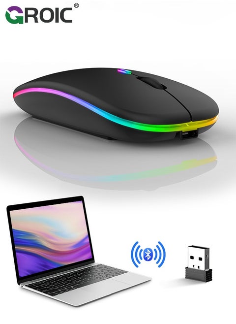 Black Wireless Bluetooth Mouse,LED Rechargeable Laptop Mouse .Portable Office Computer Mice use(BT5.2 and USB 2.4G) Dual Mode Connection,Silent,Slim,for Apple Laptop/ipad Tablet/Mac/PC/phone.