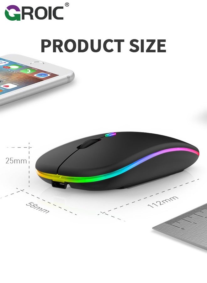 GROIC - ماوس بلوتوث لاسلكي أسود، ماوس كمبيوتر محمول قابل لإعادة الشحن بإضاءة LED. فأرة كمبيوتر مكتب محمولة للاستخدام (BT5.2 وUSB 2.4G) اتصال مزدوج الوضع، صامت، نحيف، لأجهزة الكمبيوتر المحمولة من Apple / iPad / Tablet / Mac / PC / الهاتف. - Image 1