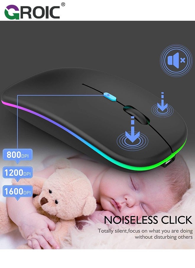 GROIC ماوس بلوتوث لاسلكي أسود، ماوس كمبيوتر محمول قابل لإعادة الشحن بإضاءة LED. فأرة كمبيوتر مكتب محمولة للاستخدام (BT5.2 وUSB 2.4G) اتصال مزدوج الوضع، صامت، نحيف، لأجهزة الكمبيوتر المحمولة من Apple / iPad / Tablet / Mac / PC / الهاتف.  - Image 5