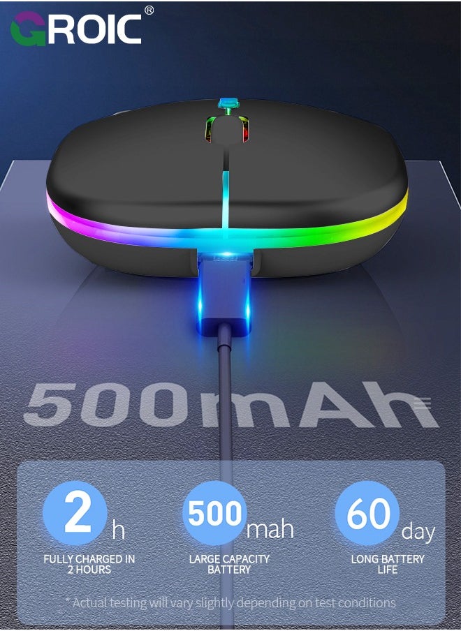 GROIC ماوس بلوتوث لاسلكي أسود، ماوس كمبيوتر محمول قابل لإعادة الشحن بإضاءة LED. فأرة كمبيوتر مكتب محمولة للاستخدام (BT5.2 وUSB 2.4G) اتصال مزدوج الوضع، صامت، نحيف، لأجهزة الكمبيوتر المحمولة من Apple / iPad / Tablet / Mac / PC / الهاتف.  - Image 3