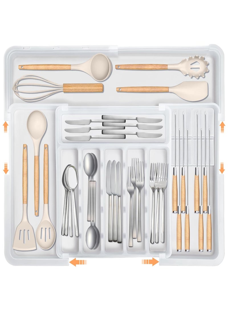 NNEWVANTE Silverware Organizer for Kitchen Drawer, Expandable Utensil Drawer Organizer with 2 Knife Block, Flatware and Cutlery Holder, Adjustable Plastic Storage for Spoons Forks Knives(White) - Image 1