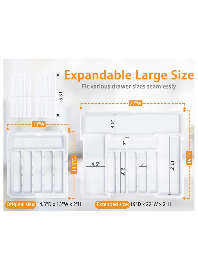 NNEWVANTE Silverware Organizer for Kitchen Drawer, Expandable Utensil Drawer Organizer with 2 Knife Block, Flatware and Cutlery Holder, Adjustable Plastic Storage for Spoons Forks Knives(White) - Image 2