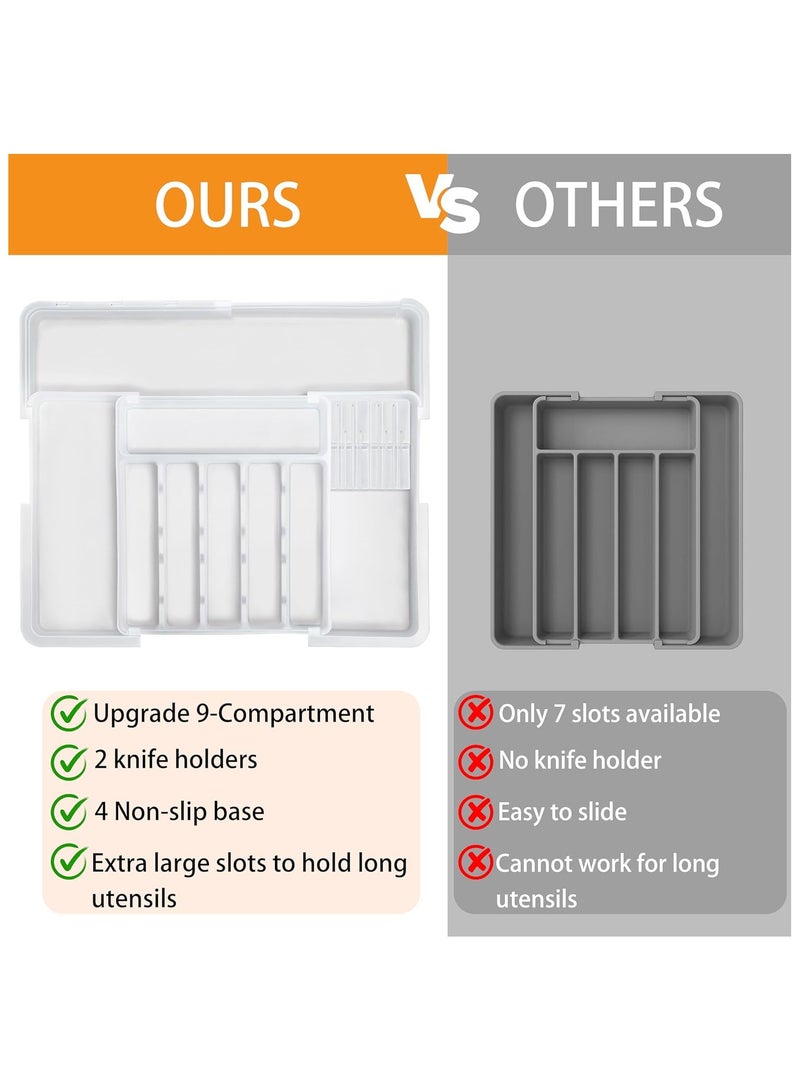 NNEWVANTE Silverware Organizer for Kitchen Drawer, Expandable Utensil Drawer Organizer with 2 Knife Block, Flatware and Cutlery Holder, Adjustable Plastic Storage for Spoons Forks Knives(White) - Image 3