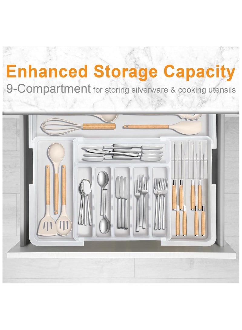 NNEWVANTE Silverware Organizer for Kitchen Drawer, Expandable Utensil Drawer Organizer with 2 Knife Block, Flatware and Cutlery Holder, Adjustable Plastic Storage for Spoons Forks Knives(White) - Image 4