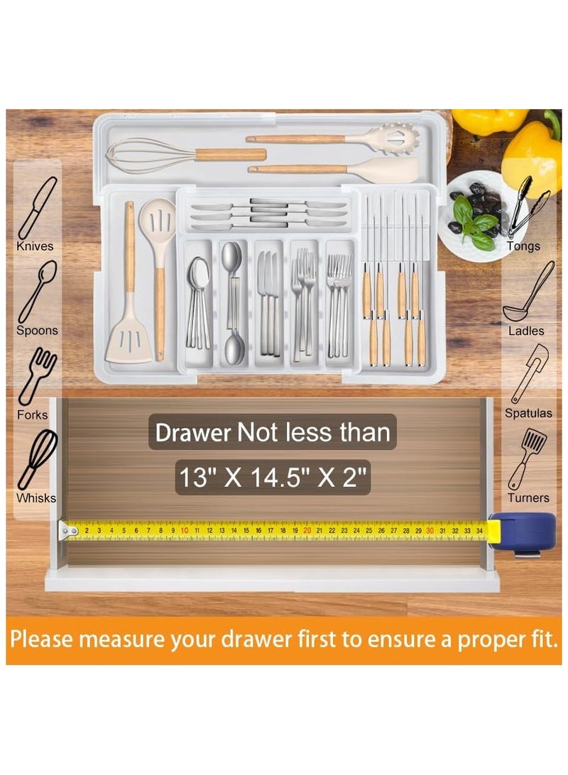 NNEWVANTE Silverware Organizer for Kitchen Drawer, Expandable Utensil Drawer Organizer with 2 Knife Block, Flatware and Cutlery Holder, Adjustable Plastic Storage for Spoons Forks Knives(White) - Image 5
